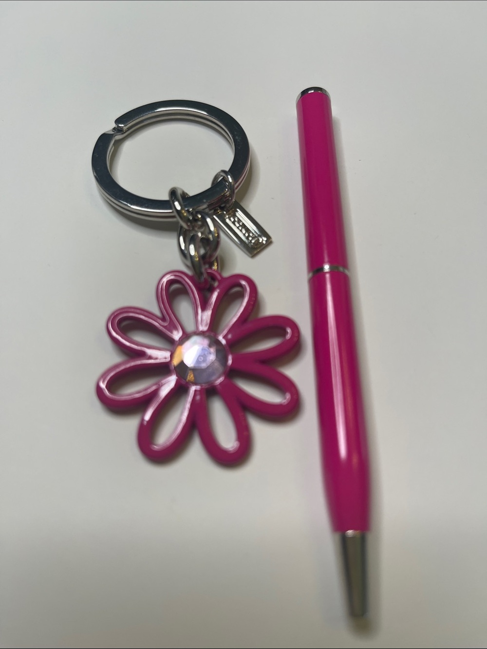 Coach Pink Floral Keychain with Matching Pink Coach Pen - Picture 2 of 9